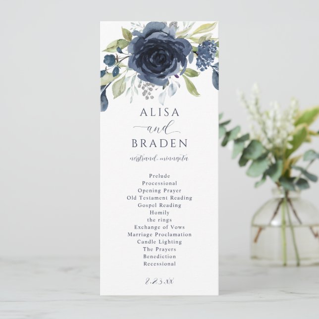 Programa Boda de Verdor Botánico Floral Azul de Plata Marin (Anverso de pie)
