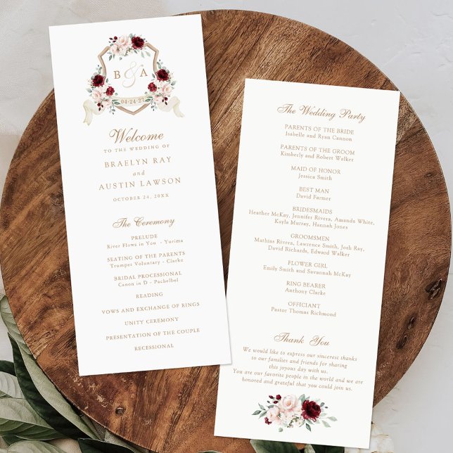 Programa Boda del Escudo Floral Rubor Burgundy Monograma (Subido por el creador)