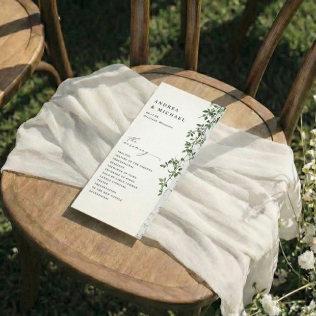 Programa Boda del follaje de vegetación de árbol de aves si (Elegant Woodsy Birch Tree Wedding Programs)