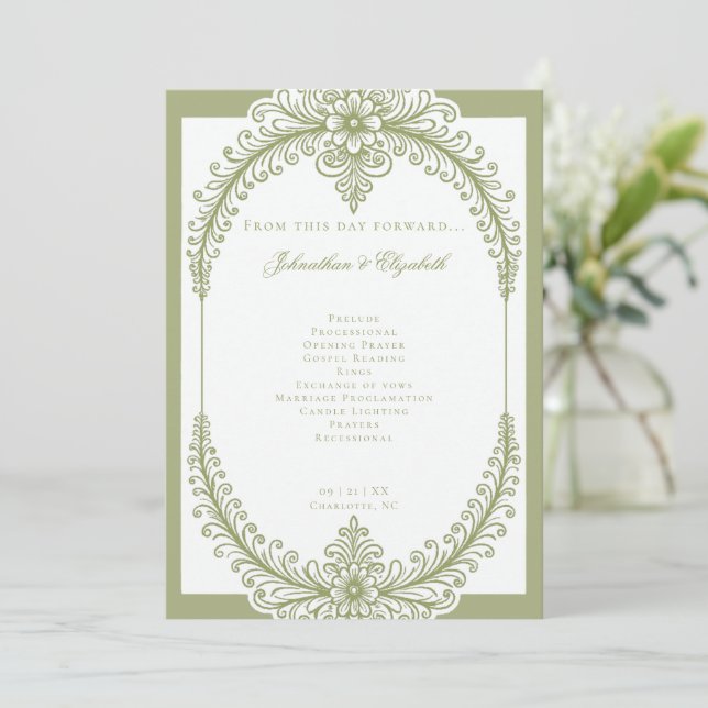 Programa Boda del marco florido de Olive Green French (Anverso de pie)