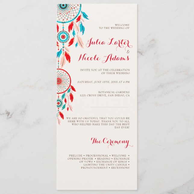Programa Boda Dreamcatcher de la pluma Tribal Boho (Anverso)
