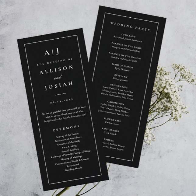 Programa Boda elegante con monograma en blanco y negro (Elegant monogram black and white simple typographic wedding program.)