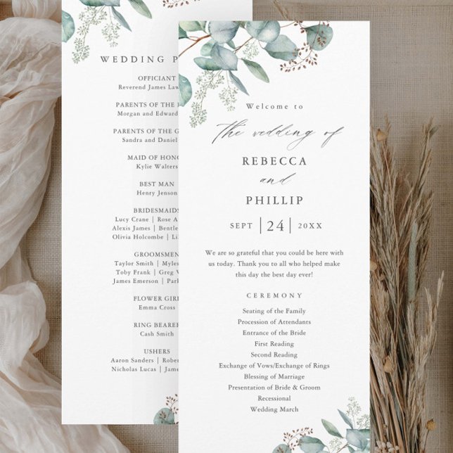 Programa Boda elegante de acuarela de eucalipto con vegetac (Elegant Eucalyptus Greenery Wedding Ceremony Programs.)