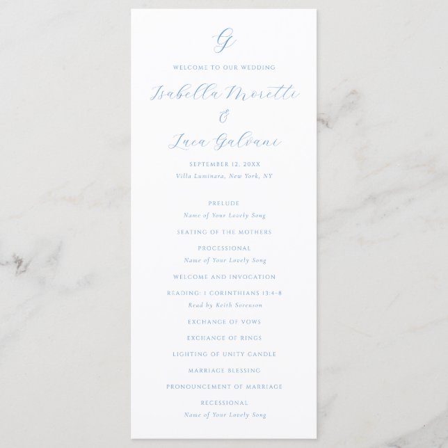 Programa Boda elegante de estilo costero en azul y blanco (Anverso)