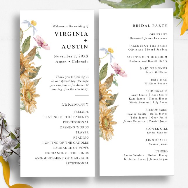 Programa Boda Elegante de Girasoles (Elegant Sunflower Wildflower Watercolor Wedding Program by Painted Paperie)