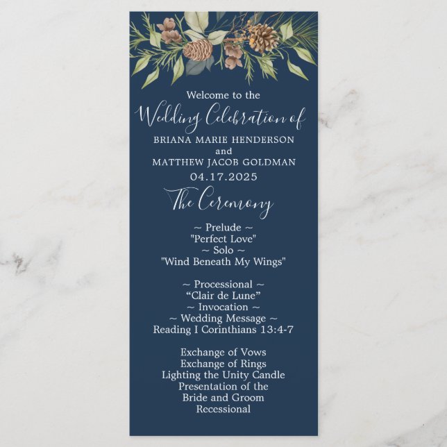 Programa Boda elegante de invierno en azul marino y letra s (Anverso)