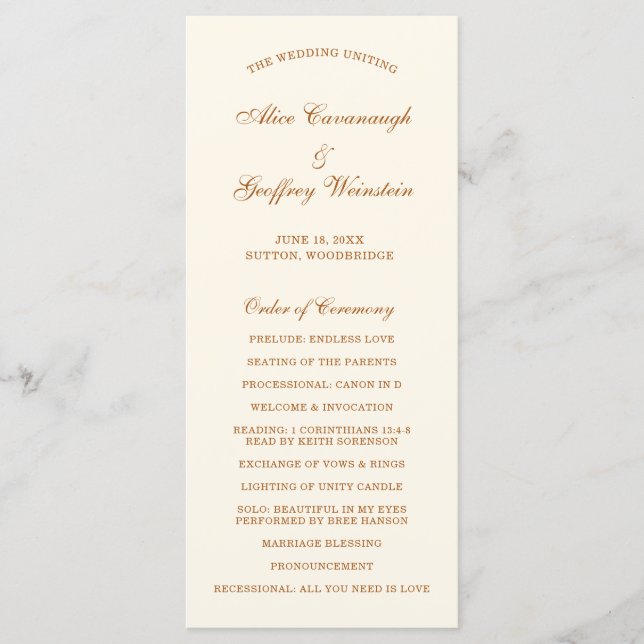 Programa Boda elegante de marfil y cobre simple (Anverso)