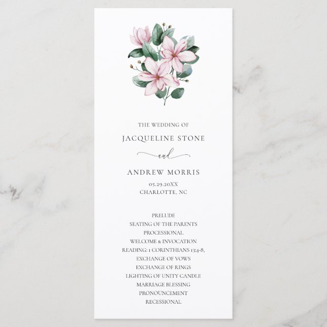 Programa Boda elegante floral de magnolia rosa (Anverso)