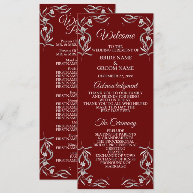 Programa Boda elegante roja con patrón floral plateado vint (Anverso / Reverso)