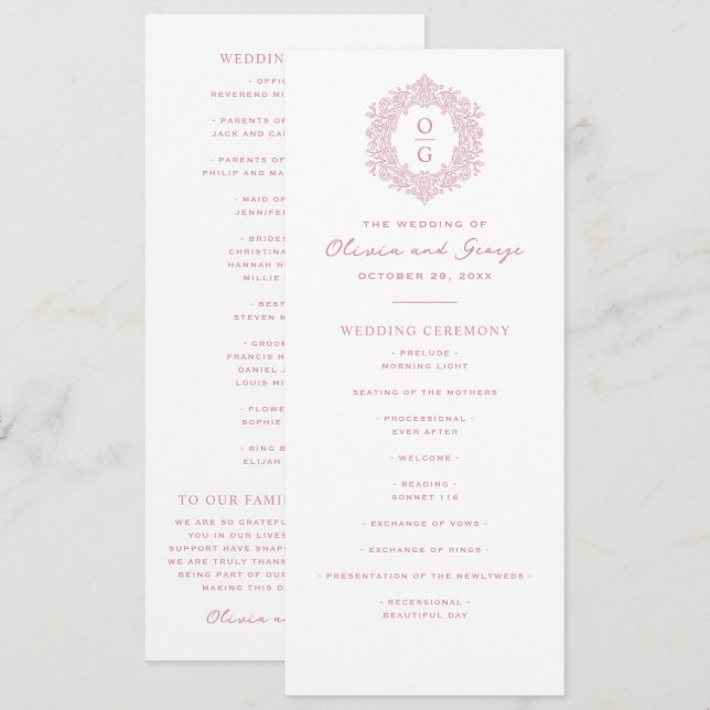 Programa Boda elegante rosa herencia (Anverso / Reverso)