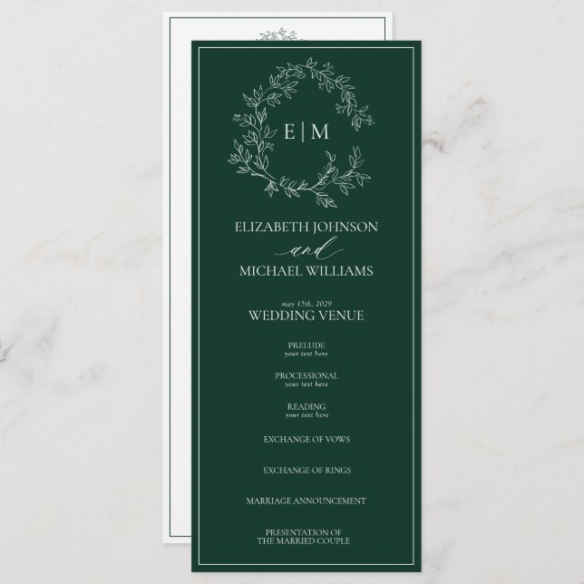 Programa Boda en monograma del Escudo de esmeralda verde mo (Anverso / Reverso)