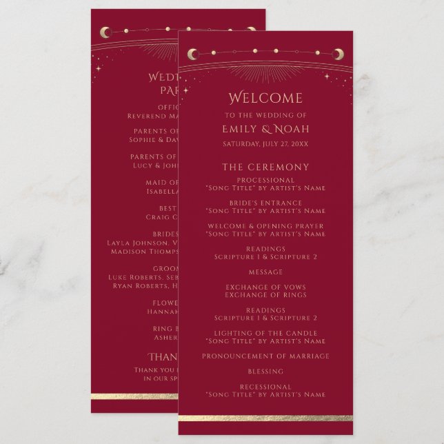 Programa Boda espacial Mystic Burgundy Gold Star Moon (Anverso / Reverso)