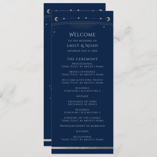 Programa Boda espacial Mystical Blue Silver Sun Star Moon (Anverso / Reverso)