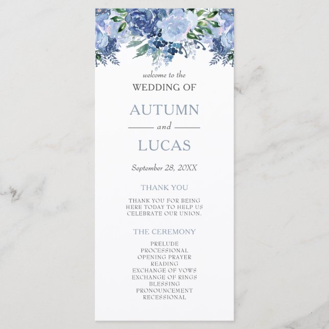 Programa Boda floral acuarela azul polvoriento (Anverso)