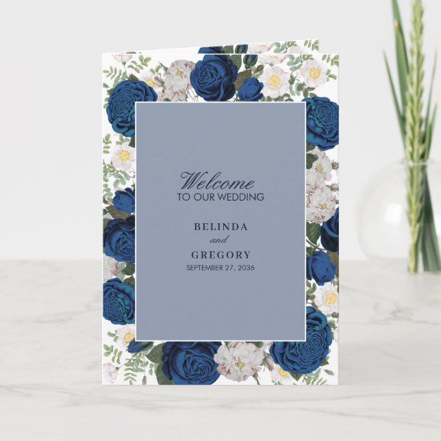Programa Boda Floral Azul de acuarela Orden de servicio (Anverso)