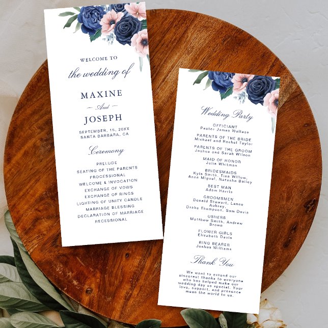 Programa Boda floral azul marino y rubor (Navy blue and blush floral wedding program guides guests with elegant style.)