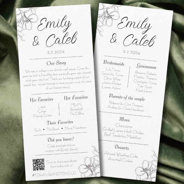 Programa Boda floral blanco y negro (combo menu and wedding program "about us" fun facts ceremony reception photo QR code floral romantic)