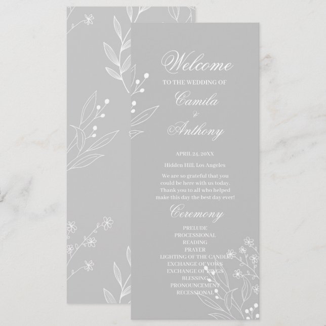 Programa Boda Floral Boho de la esquina blanca plateada (Anverso / Reverso)