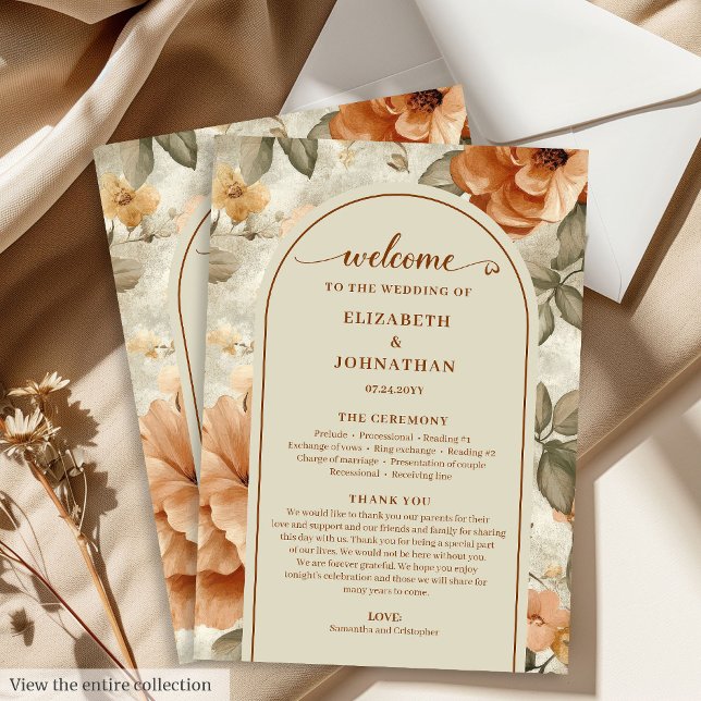 Programa Boda Floral Boho Moderno Cobre Marfil Olivo (Trendy Boho Copper Ivory Olive Floral Wedding Program)