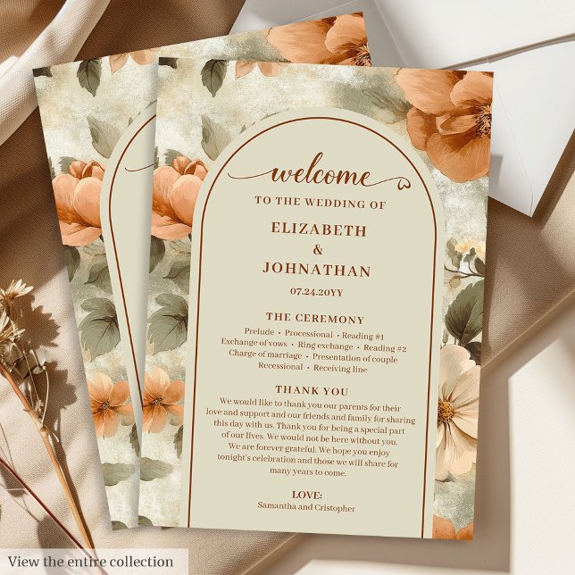 Programa Boda Floral Boho Rústica Marfil Olivo Verde Salvia (Romantic Boho Rust Ivory Olive Floral Wedding Program)