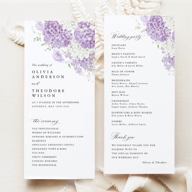 Programa Boda floral con ceremonia de lavanda, lila y blanc (Lavender lilac hydrangea wedding program card, white floral ceremony program and wedding party card)
