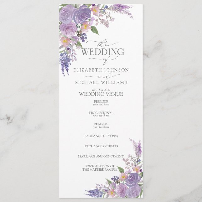 Programa Boda floral con escritura mauve Lilac Lavender mod (Anverso)