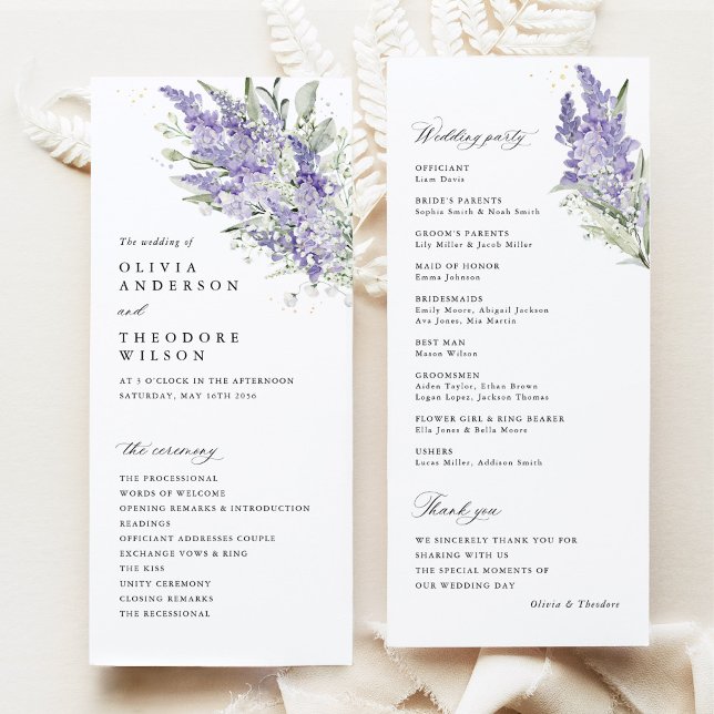 Programa Boda floral con lavanda y verde salvia en la cerem (Lavender sage green floral wedding program cards with ceremony order and wedding party, watercolor)