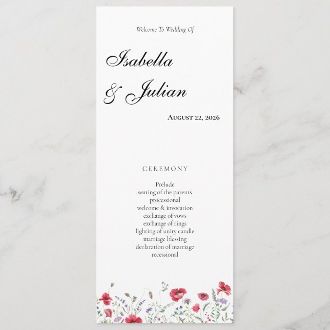 Programa Boda floral de amapola y lavanda con acuarela (Anverso)