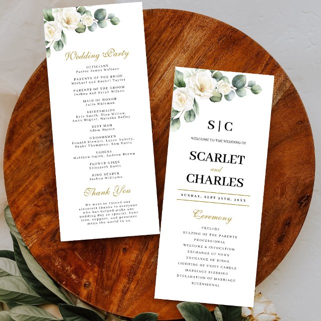 Programa Boda floral de eucalipto rosa blanca (Eucalyptus white rose wedding program guides guests with timeless botanical elegance.)