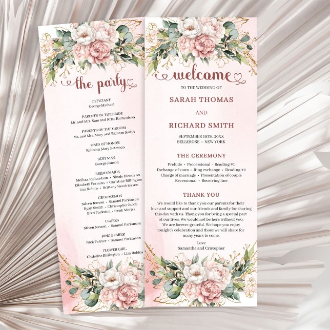 Programa Boda floral de eucalipto rosa sonrosada de jardín  (Garden Blush Pink Floral Eucalyptus Wedding Program)
