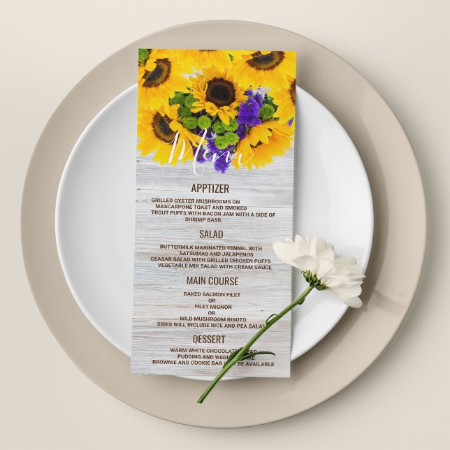 Programa Boda floral de girasol de madera blanca rústica Me (Rustic white wood sunflower floral Wedding Menu)
