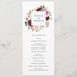 Programa Boda floral de otoño con acuarela de Burdeos y rub