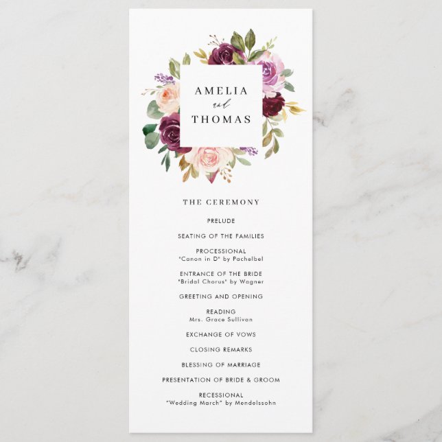 Programa Boda floral de otoño con acuarela de Burdeos y rub (Anverso)