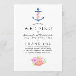Programa Boda floral de tema náutico con ancla en acuarela