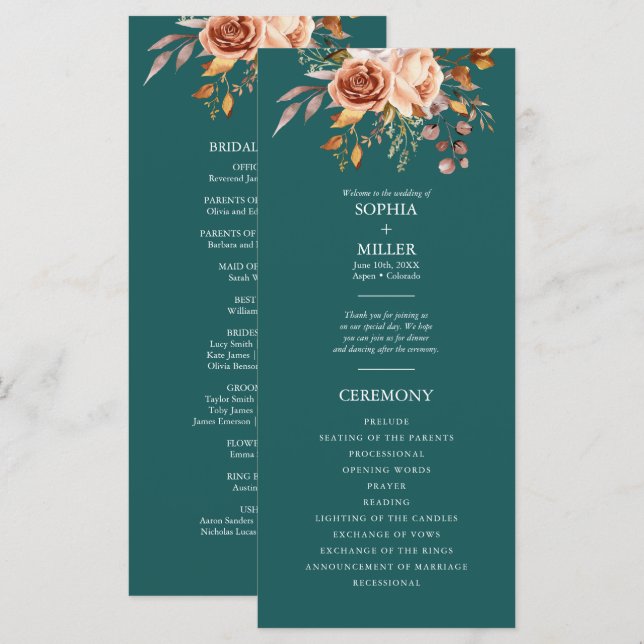 Programa Boda floral de terracota con acuarela azul verdoso (Anverso / Reverso)