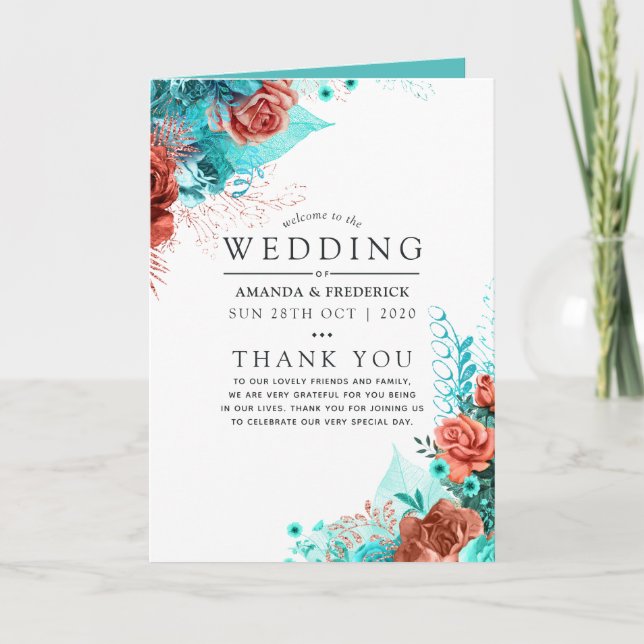 Programa Boda floral de turquesa y coral (Anverso)