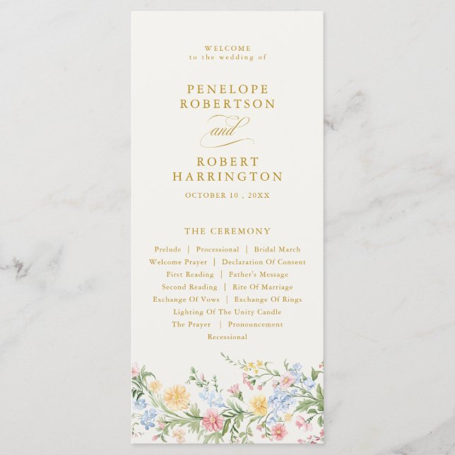 Programa Boda floral dorada ornamental pastel suave de prim (Anverso)
