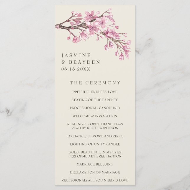 Programa Boda floral elegante de flor de cerezo rosa (Anverso)