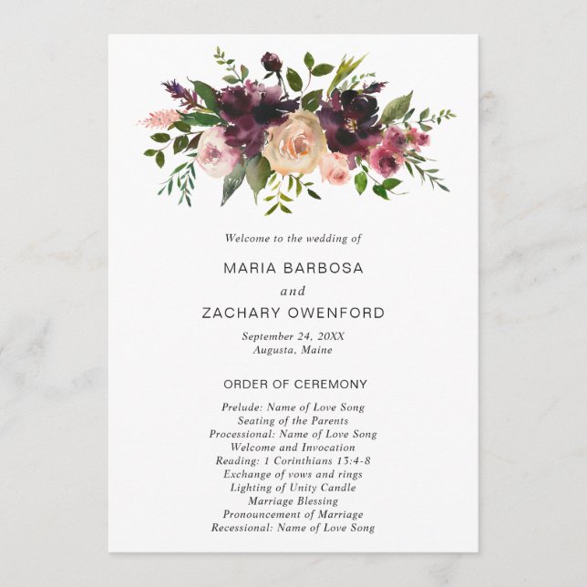 Programa Boda floral elegante de otoño en burgundy rústico (Anverso)