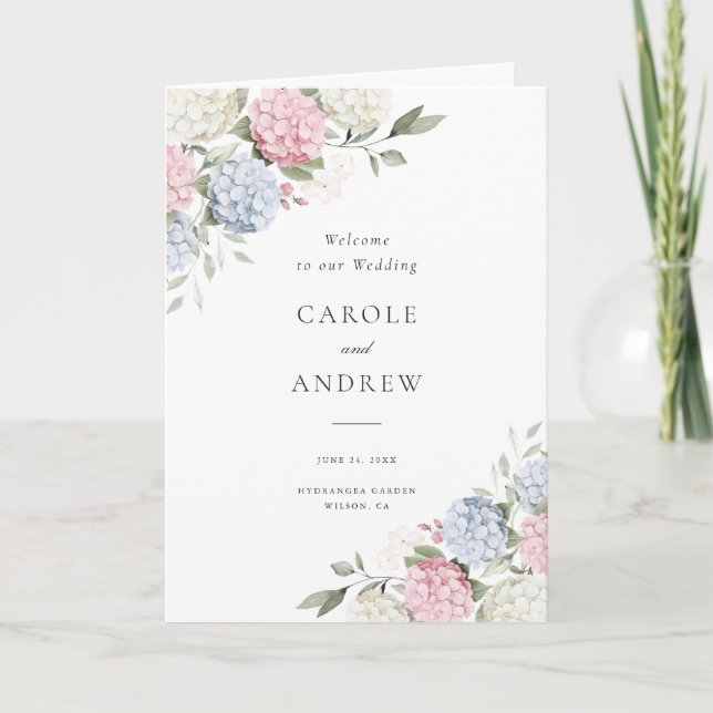 Programa Boda Floral Elegante Hortensia Azul Rosa Plegada (Anverso)