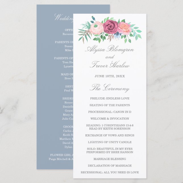Programa Boda floral elegante rosa azul polvoriento (Anverso / Reverso)