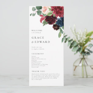 Programa Boda floral en acuarela con burgundy y azul marino