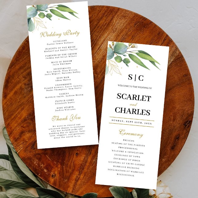 Programa Boda floral geométrica de vegetación de eucalipto (Eucalyptus greenery geometric wedding program guides guests with modern botanical elegance.)