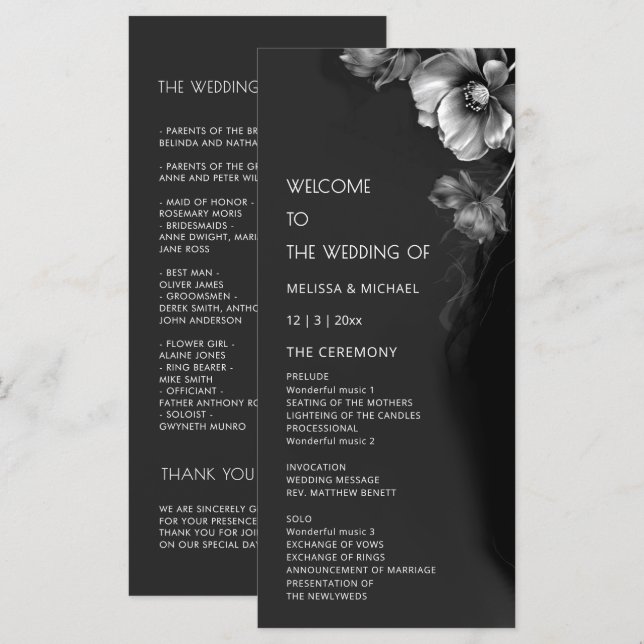 Programa Boda floral negra plateada (Anverso / Reverso)