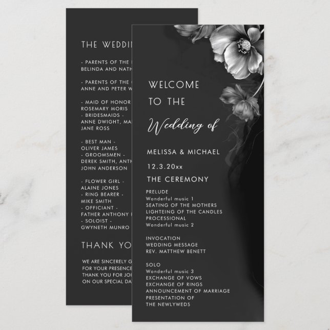 Programa Boda floral negra plateada (Anverso / Reverso)