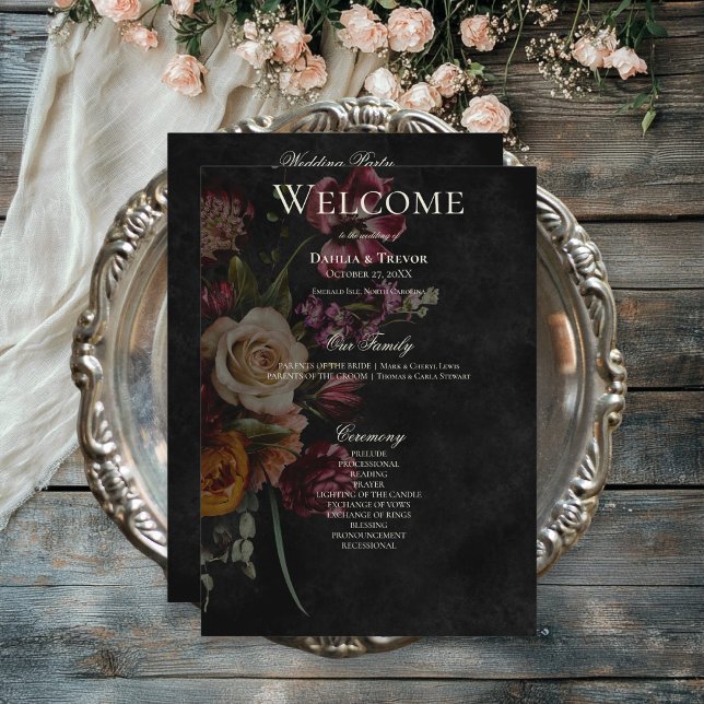 Programa Boda floral oscuro elegante de otoño (Dark Elegant Autumn Floral Wedding Program)