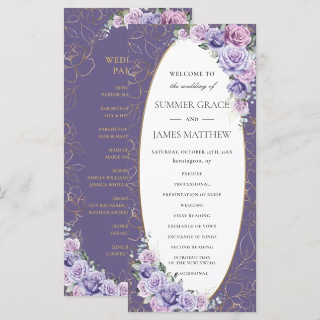 Programa Boda floral Purple Lilac Lavender Line Art (Anverso / Reverso)
