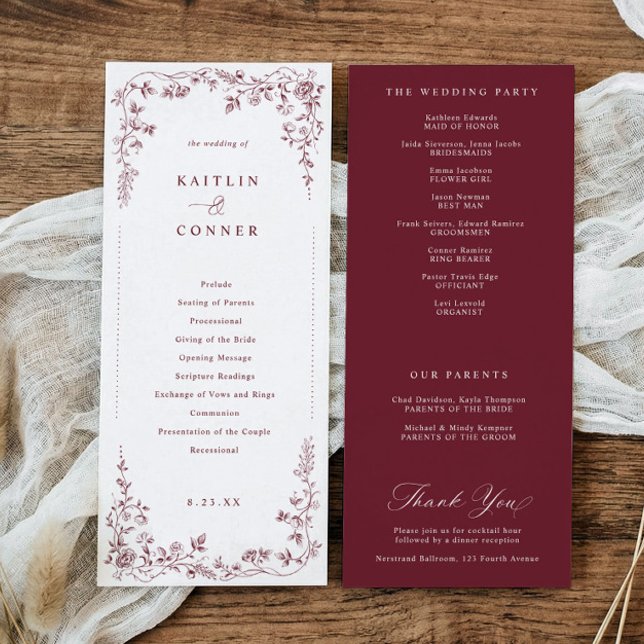 Programa Boda Floral Rojo Burdeos Antiguo Toile Francés (Burgundy wedding program with Victorian floral and toile de jouy design)