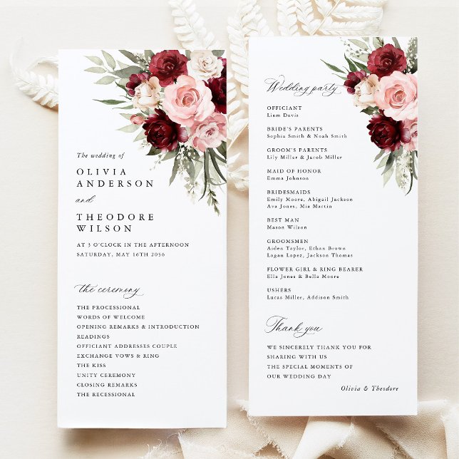 Programa Boda floral rosa con rubor de Borgoña Ceremonia (burgundy blush pink floral wedding program card, ceremony program, elegant burgundy rose stationery)