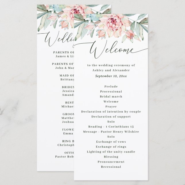 Programa Boda Floral Rosado. Botánica Acuarela Elegante (Anverso / Reverso)